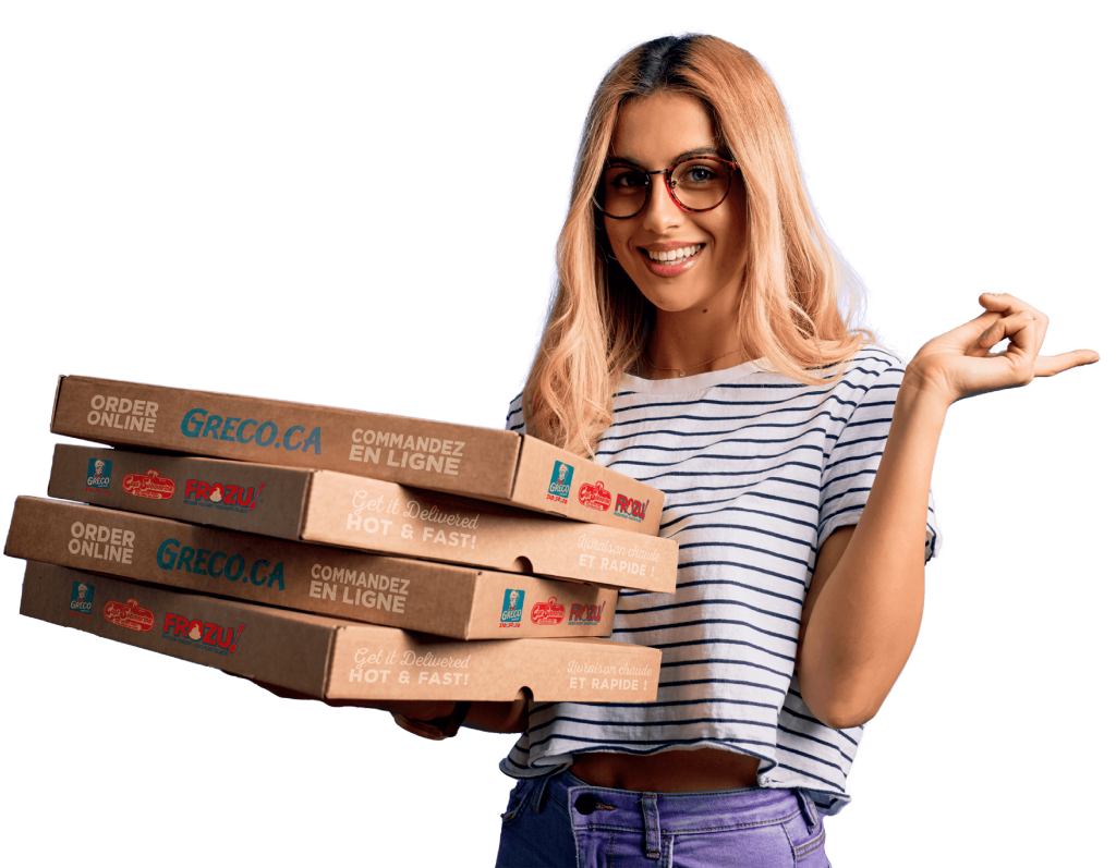 Woman holding Greco Pizza Boxes - Subscribe to Greco Pizza Newsletter for Special Offers.